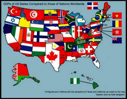 نقشه آمریکا و اینکه سهم هر ایالت برابر با کدام کشور است، ۲۴ ٪ اقتصاد دنیا متعلق به آمریکاست!